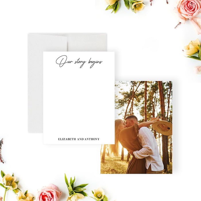 Elegant minimalist wedding note card featuring romantic "Our Story Begins" typography-front-back