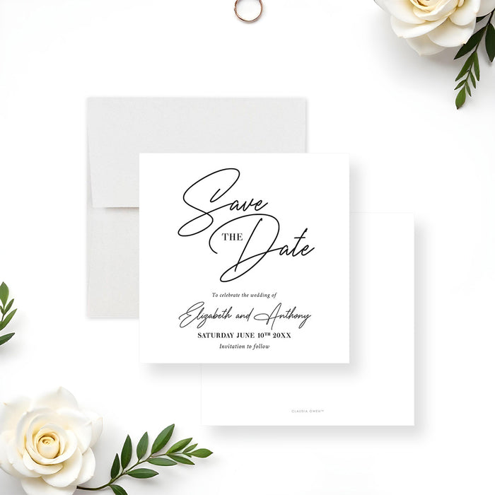 Elegant minimalist wedding save the date card with modern script typography-front-back