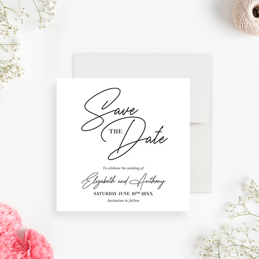 Elegant minimalist wedding save the date card with modern script typography-front