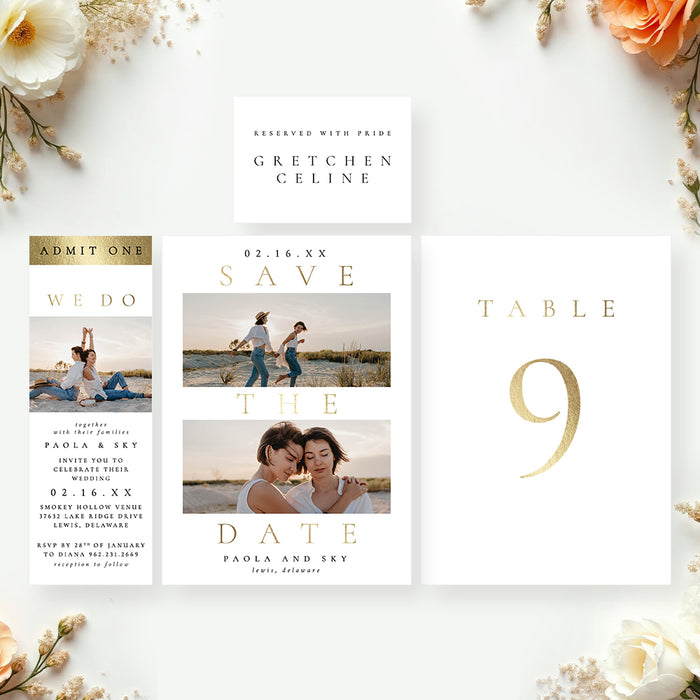 Photo Wedding Invitation with White and Gold Design Personalized Card
