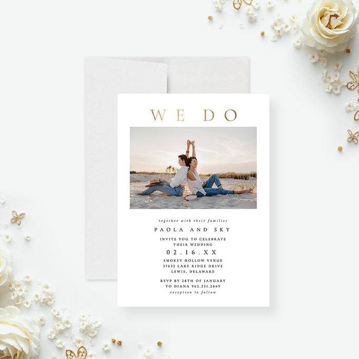 Modern wedding invitation featuring a couple photo, a white minimalist design, and gold “We Do” typography-front