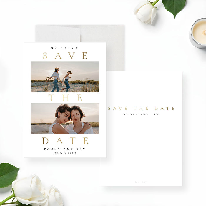 Modern photo save the date card with two couple photos, a white background, and gold typography-front-back