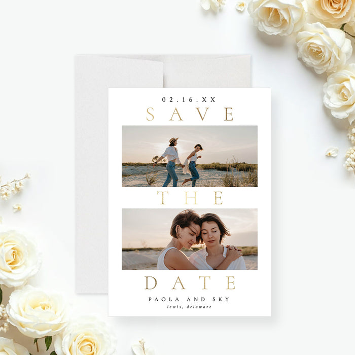 Modern photo save the date card with two couple photos, a white background, and gold typography-front
