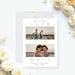 Modern photo save the date card with two couple photos, a white background, and gold typography-front