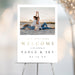 Personalized wedding welcome sign with a couple's photo, modern white and gold minimalist event entrance décor