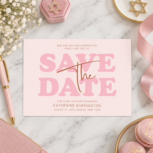 Pink Bat Mitzvah save the date card featuring bold modern typography in blush tones-front