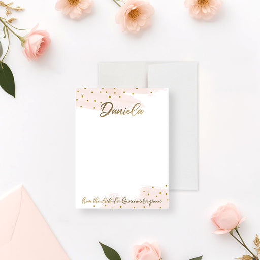 Personalized pink and gold quinceañera note card with watercolor accents and gold confetti for Sweet 15 thank you notes.-front