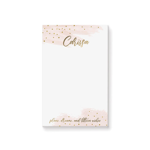 Personalized pink and gold quinceañera notepad with watercolor accents and gold confetti featuring a custom name.