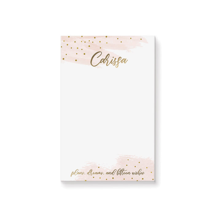 Personalized pink and gold quinceañera notepad with watercolor accents and gold confetti featuring a custom name.