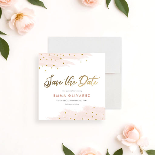 Pink and gold quinceañera save the date card with soft watercolor accents and gold confetti announcing a Sweet 15 celebration.-front