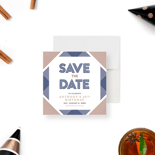 a save the date card with a geometric design 