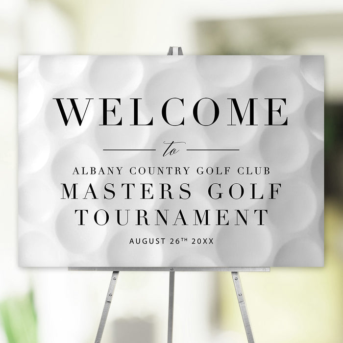 Golf tournament welcome sign with golf ball backdrop, elegant design to greet guests at golf club events