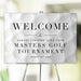 Golf tournament welcome sign with golf ball backdrop, elegant design to greet guests at golf club events