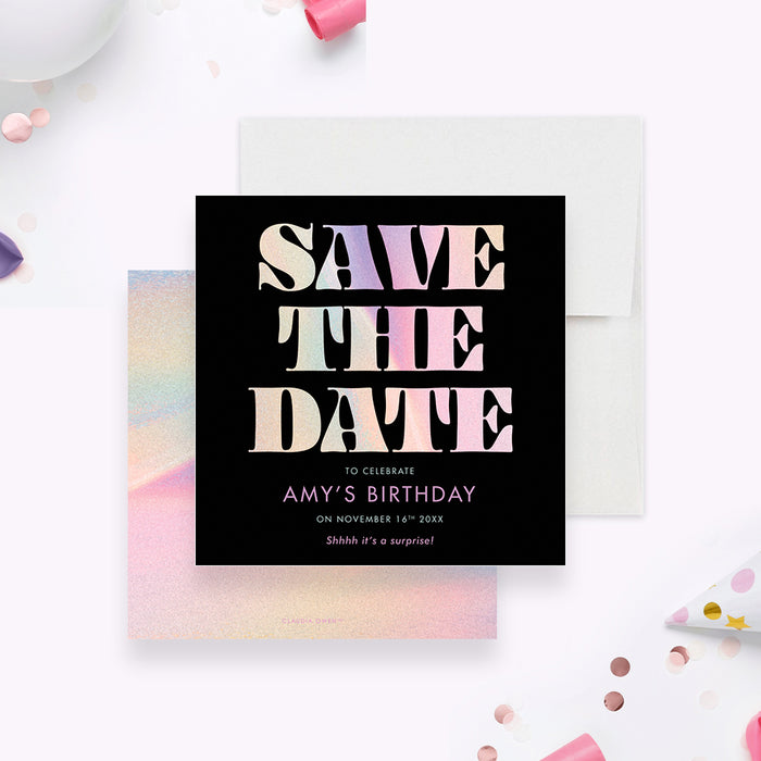 Surprise birthday save the date card with bold colorful lettering on a black background-front-back