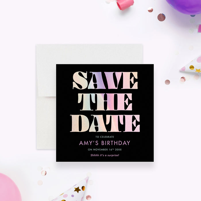 Surprise birthday save the date card with bold colorful lettering on a black background-front