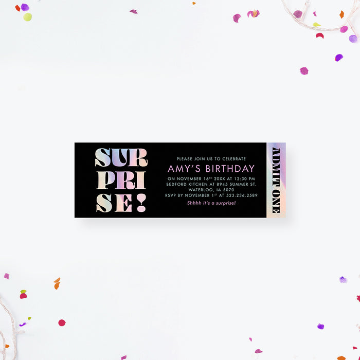 Modern ticket-style surprise birthday invitation with bold pastel lettering, an admit-one event entry pass