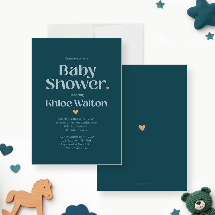 Modern teal baby shower invitation with pale blue lettering, peach dot and heart accents, and personalized event details-front-back