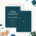 Modern teal baby shower invitation with pale blue lettering, peach dot and heart accents, and personalized event details-front-back