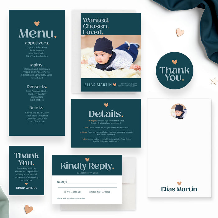 Modern Baby Shower Invitation with Teal and Peach Accents