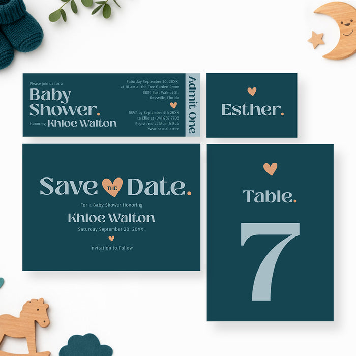 Modern Baby Shower Invitation with Teal and Peach Accents