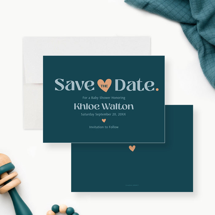 Modern teal baby shower save the date card with pale blue lettering, a peach heart and personalized honoree and event date-front-back