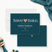 Modern teal baby shower save the date card with pale blue lettering, a peach heart and personalized honoree and event date-front-back