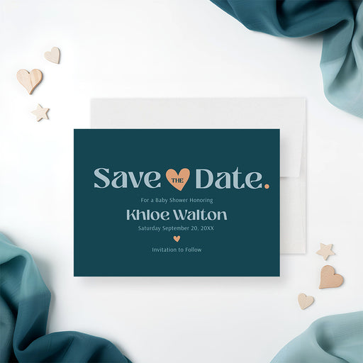 Modern teal baby shower save the date card with pale blue lettering, a peach heart and personalized honoree and event date-front