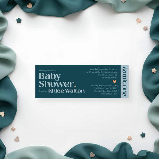 Modern teal baby shower ticket invitation with a pale blue Admit One stub, peach heart and personalized event details
