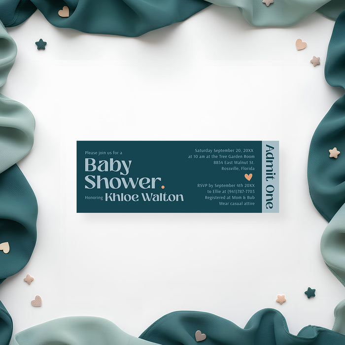 Modern teal baby shower ticket invitation with a pale blue Admit One stub, peach heart and personalized event details