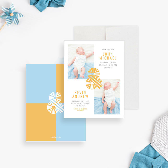 Modern Twin Baby Shower Invitation with Photos, Gender Neutral Twin Baby Shower Invitation with Two Pictures