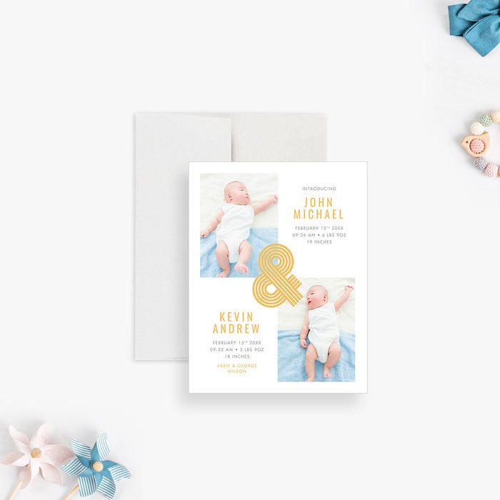 Unique Newborn Announcement Card for Twins, Cute Twin Birth Announcement Card with Photos, Newborn Cards with Pictures