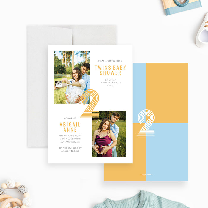 Modern Twin Baby Shower Invitation with Photos, Gender Neutral Twin Baby Shower Invitation with Two Pictures