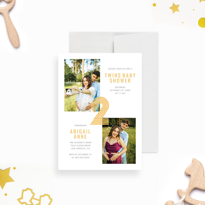 Modern Twin Baby Shower Invitation with Photos, Gender Neutral Twin Baby Shower Invitation with Two Pictures