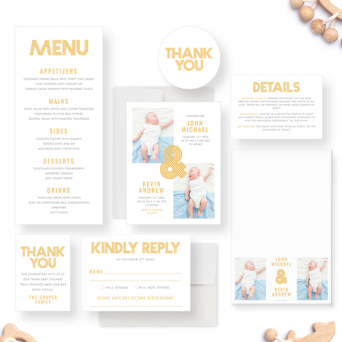 Modern Twin Baby Shower Invitation with Photos, Gender Neutral Twin Baby Shower Invitation with Two Pictures