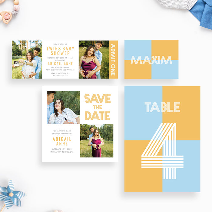 Modern Twin Baby Shower Invitation with Photos, Gender Neutral Twin Baby Shower Invitation with Two Pictures