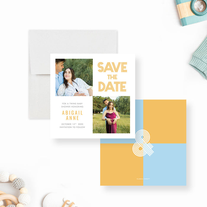 Modern Twin Baby Shower Invitation with Photos, Gender Neutral Twin Baby Shower Invitation with Two Pictures