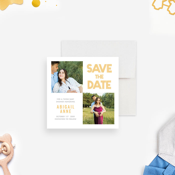 Twins Baby Shower Save the Date Card with Photos, Photo Baby Shower Save the Dates for Twins, Baby On the Way Save the Date