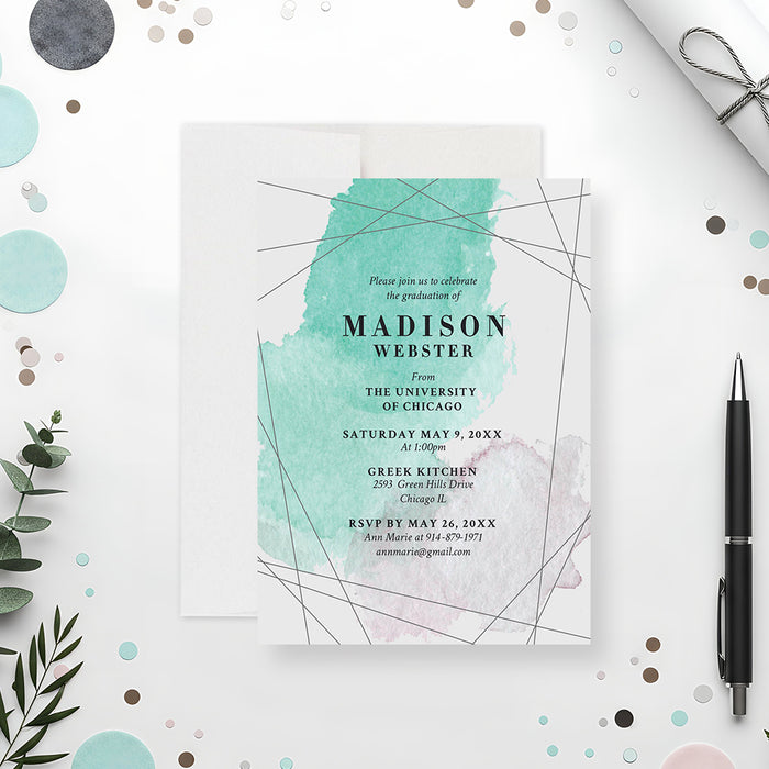 modern watercolor graduation party invitation with teal and blush watercolor artwork, geometric line details, and personalized graduation wording-front