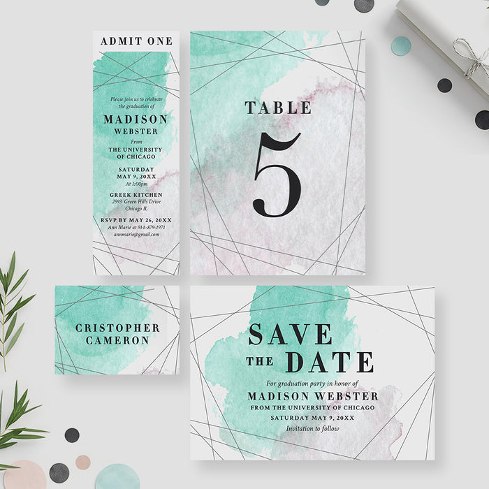 Watercolor Graduation Party Invitation Modern Teal