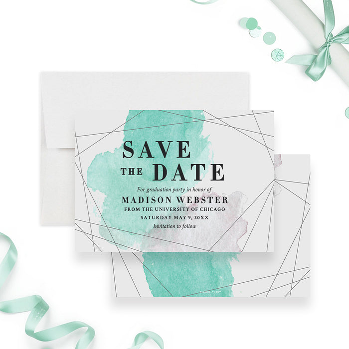 graduation save the date card with teal watercolor artwork, geometric line accents, and personalized graduation celebration details-front-back