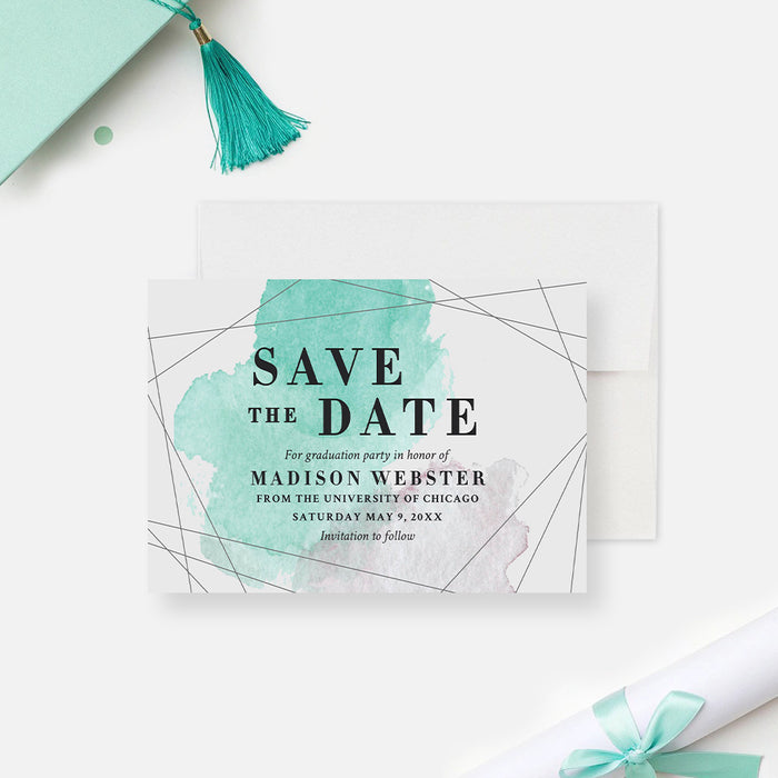 graduation save the date card with teal watercolor artwork, geometric line accents, and personalized graduation celebration details-front