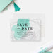 graduation save the date card with teal watercolor artwork, geometric line accents, and personalized graduation celebration details-front