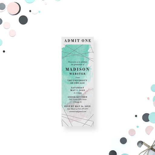 modern graduation ticket invitation with teal watercolor artwork, geometric line accents, and personalized graduation celebration details.