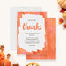 Modern watercolor Thanksgiving invitation featuring orange and coral tones, bold calligraphy that says “thanks,” and elegant minimalist typography