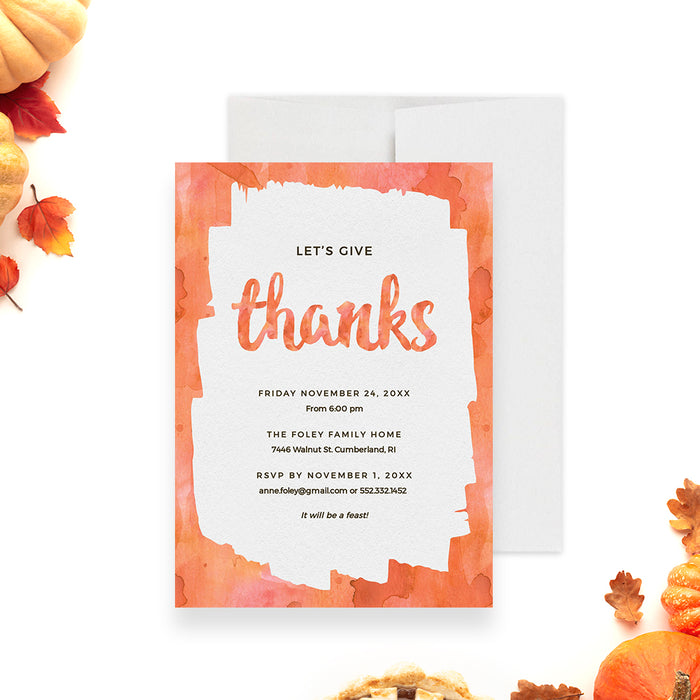 Modern watercolor Thanksgiving invitation featuring orange and coral tones, bold calligraphy that says “thanks,” and elegant minimalist typography
