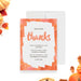 Modern watercolor Thanksgiving invitation featuring orange and coral tones, bold calligraphy that says “thanks,” and elegant minimalist typography