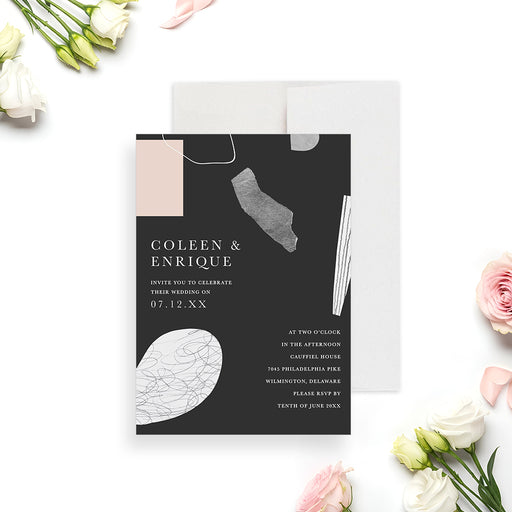 Modern abstract wedding invitation with black background, minimalist shapes and clean elegant typography-front