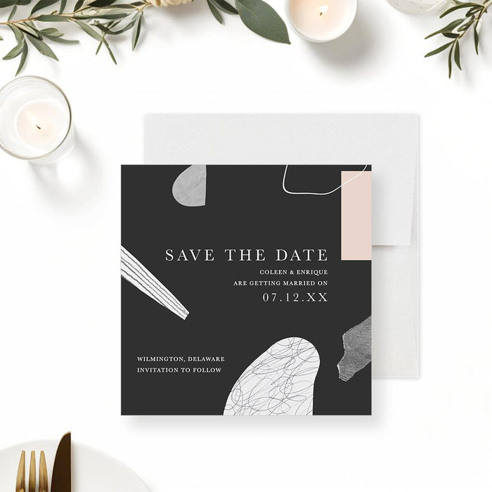 Modern abstract wedding save the date card with black background, minimalist shapes and clean typography-front