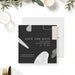 Modern abstract wedding save the date card with black background, minimalist shapes and clean typography-front