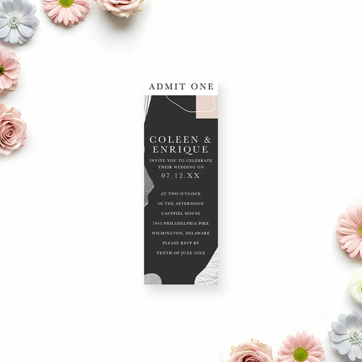 Modern abstract wedding ticket invitation with admit one design, black layout and minimalist typography.